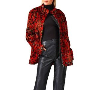 Nicole Miller Collection Designer Animal Print Faux Fur Jacket Leather Trim